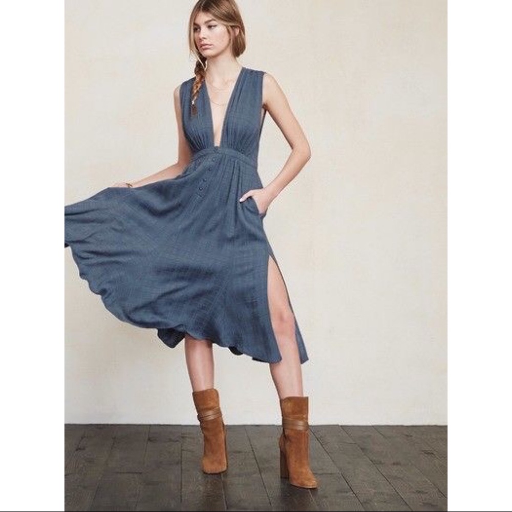 Reformation Maggie Dress - NWT Slate Blue Plunging Midi Dress